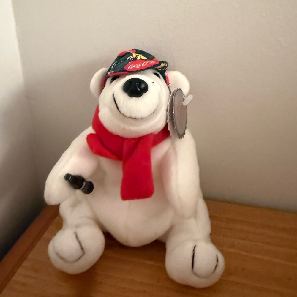 NWT Coca Cola Polar Bear in Checker Cap and Scarf